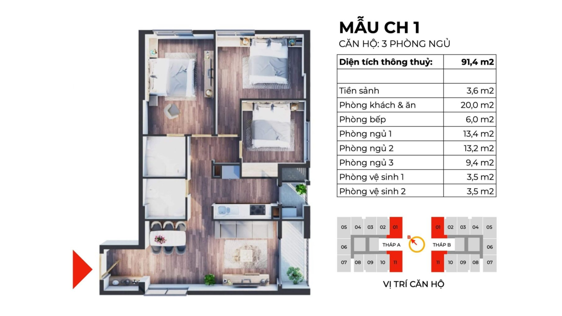 CH1-Thiết kế căn hộ 3 ngủ tại chung cư The Charm
